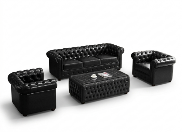 Chesterfield 5 Seater Office Sofa Set 3+1+1 Black Leather Reception Couch