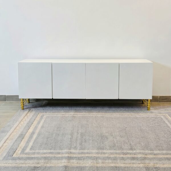 White TV Stand Cabinet Kenya with 4 Doors and Gold Legs for Modern Living Room