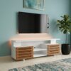 Wall TV Stand Cabinet Kenya modern floating TV unit with wooden slat storage and white finish