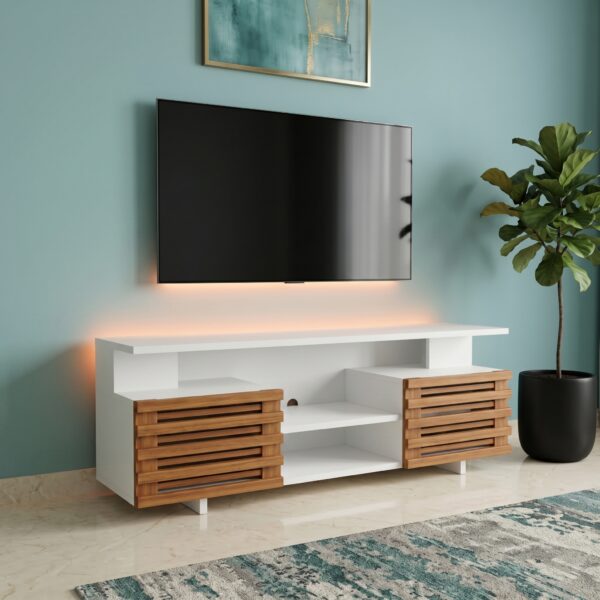 Wall TV Stand Cabinet Kenya modern floating TV unit with wooden slat storage and white finish