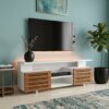 Wall TV Stand Cabinet Kenya modern floating TV unit with wooden slat storage and white finish