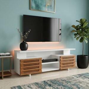 Wall TV Stand Cabinet Kenya modern floating TV unit with wooden slat storage and white finish