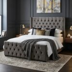 Grey Chester Bed Kenya velvet tufted bed with high headboard – Zenith Furnitures