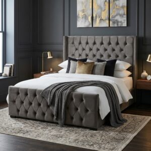 Grey Chester Bed Kenya velvet tufted bed with high headboard – Zenith Furnitures