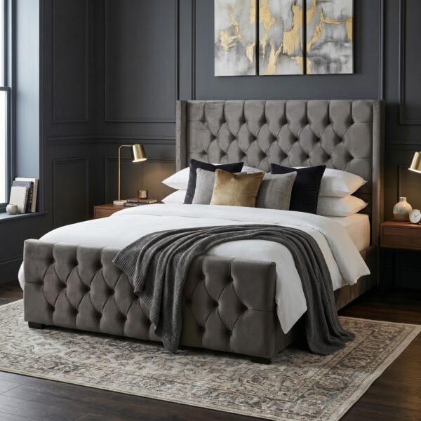 Grey Chester Bed Kenya velvet tufted bed with high headboard – Zenith Furnitures