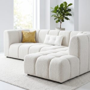 Modern L Shaped Sofa Kenya in white boucle fabric with ottoman and pillows – Zenith Furnitures