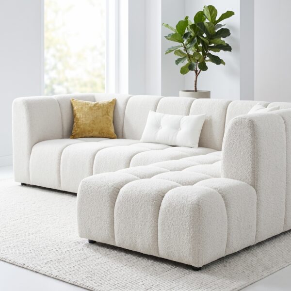 Modern L Shaped Sofa Kenya in white boucle fabric with ottoman and pillows – Zenith Furnitures