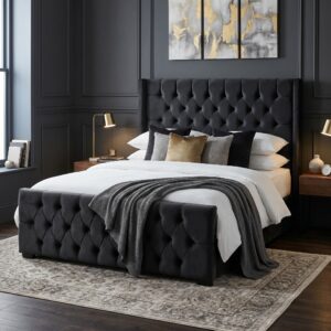 Black Chester Bed Kenya velvet tufted bed with high headboard – Zenith Furnitures
