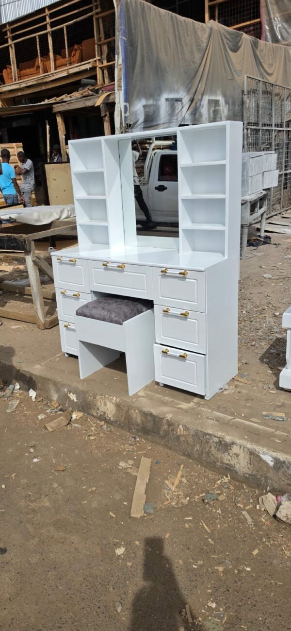 Modern Bedroom Dressing Table with Mirror, Shelves and Stool
